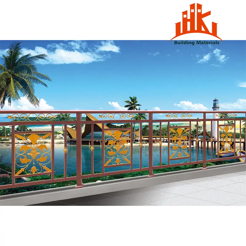 Gold and reddish-brown metal balcony railing with decorative patterns