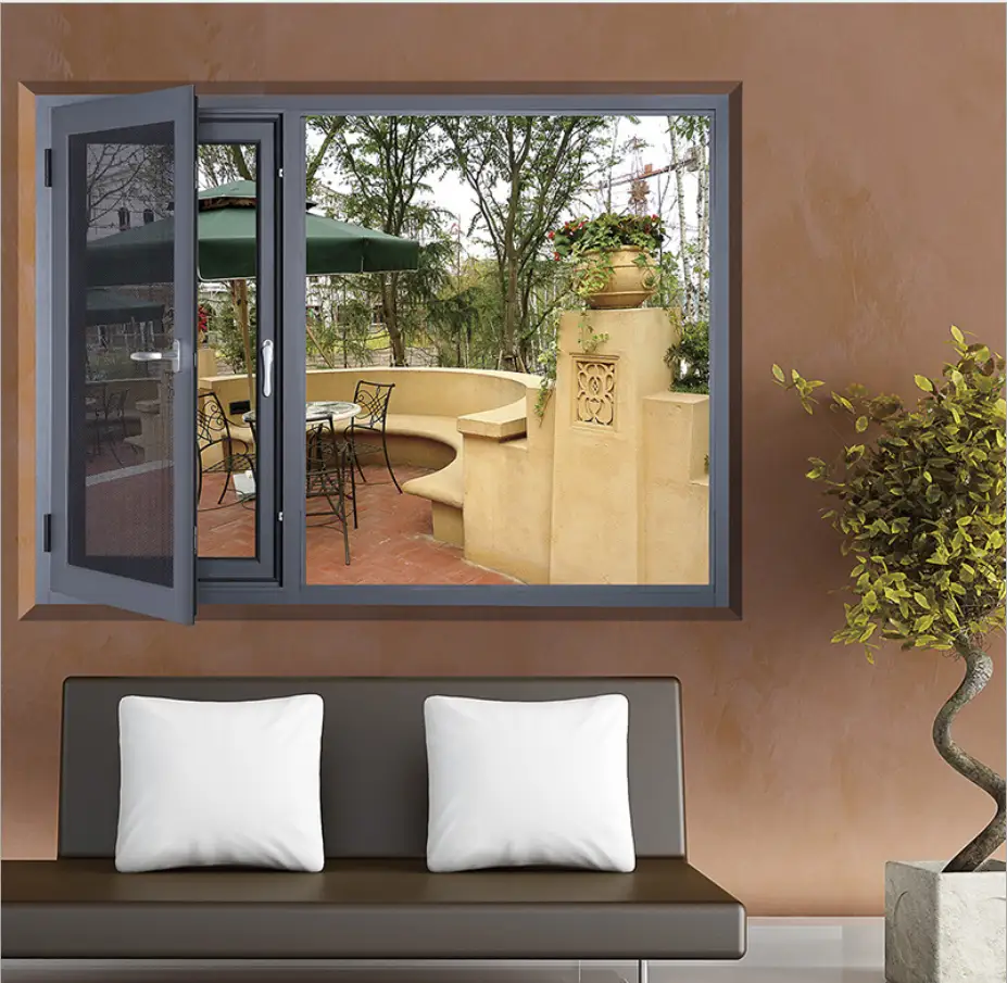 Grey aluminium casement window opened onto a sunlit patio from inside a room