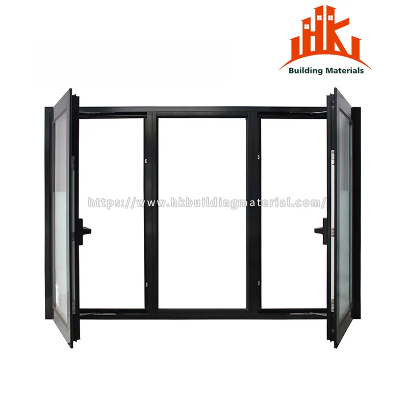 Black aluminum double casement window with open side panels and central fixed glass.