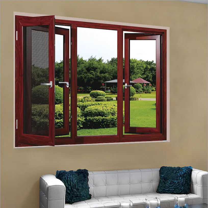 Open reddish-brown casement windows overlooking a green garden from a room with a white sofa.
