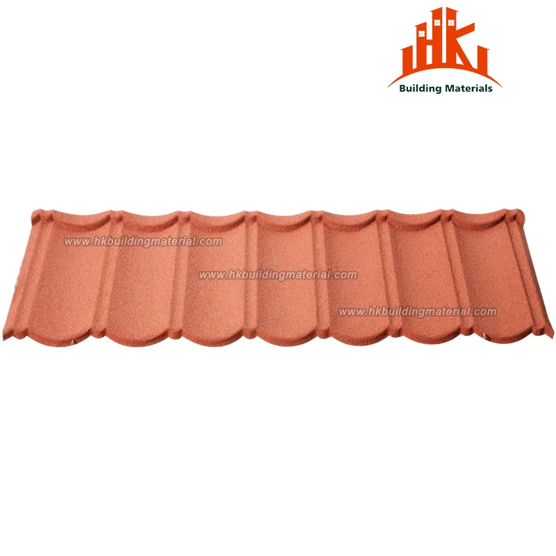 Terracotta colored stone coated metal roof tile with classic Spanish profile