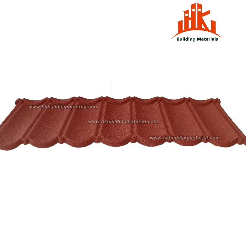 Profile view of a red, granular-coated metal roof tile with a classic tile shape.