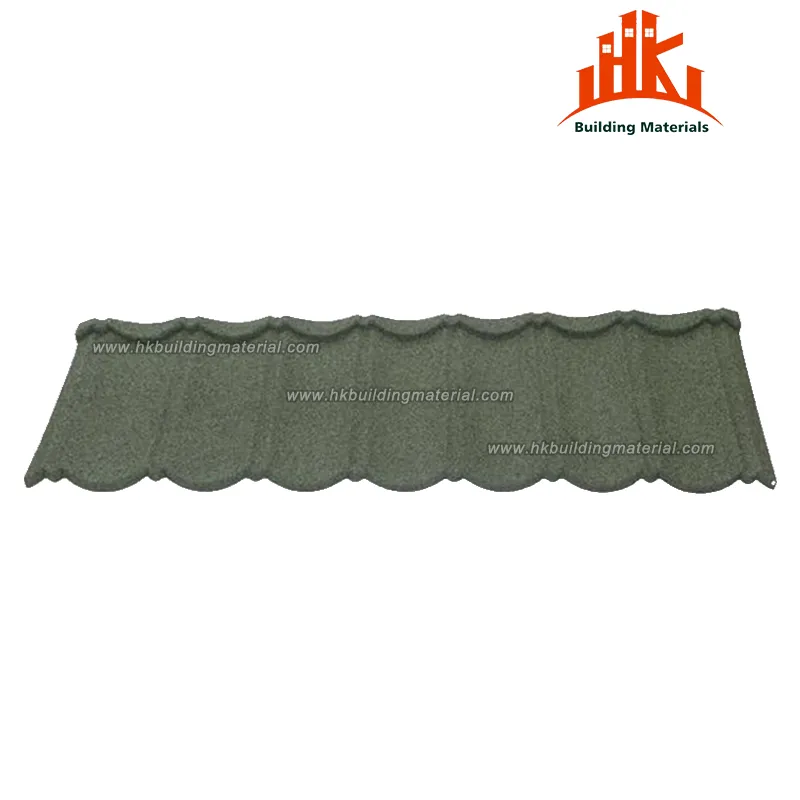 A single grey-green stone-coated metal roof tile with a wavy profile on a white background.