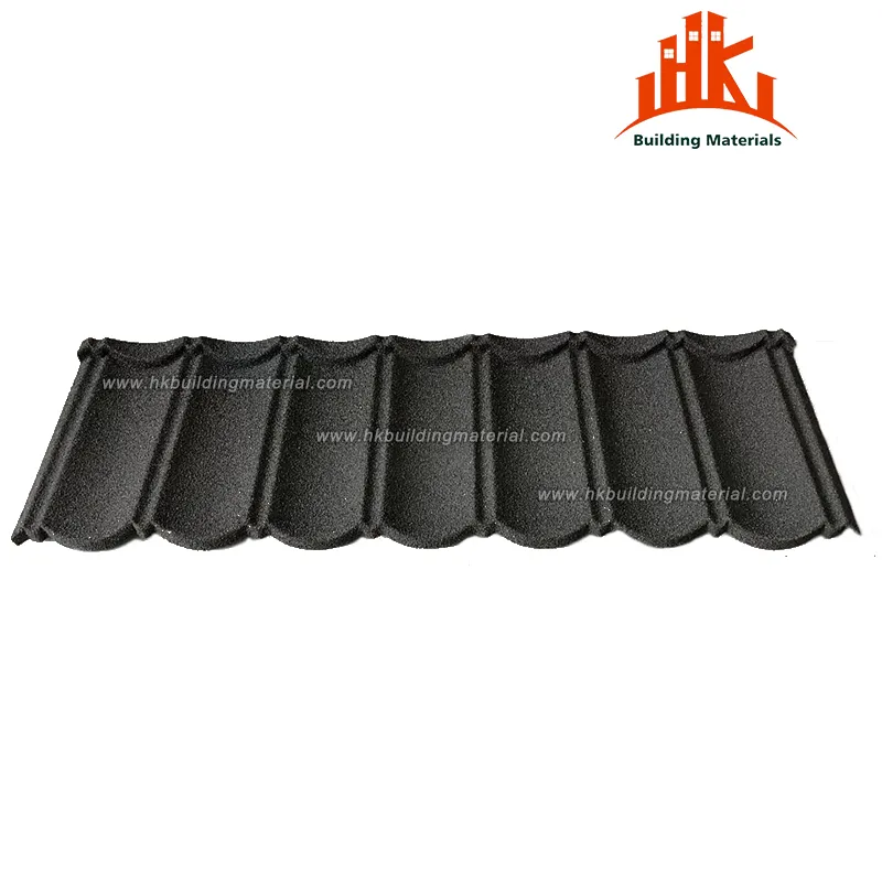A single dark grey textured metal roof tile on a white background