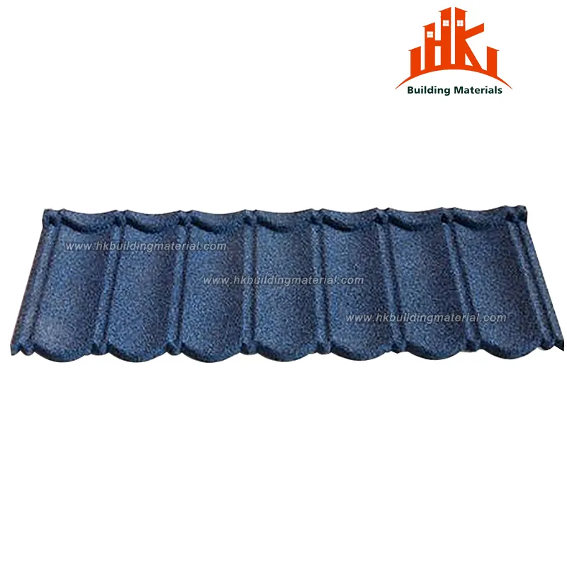 A single blue stone-coated metal roof tile with a wavy profile against a white background