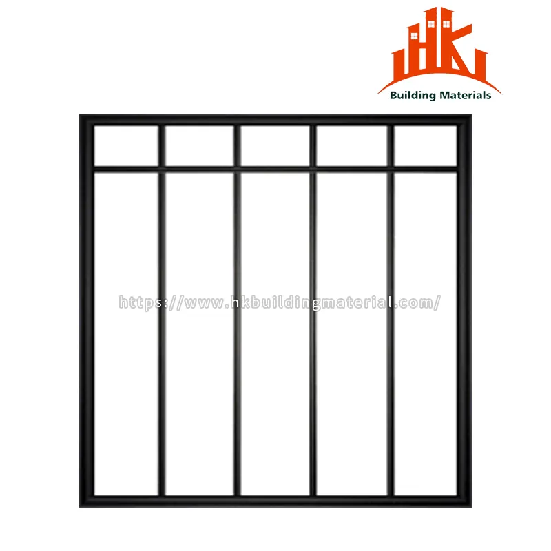 Black metal window frame with vertical bars and top transom grid on a white background.