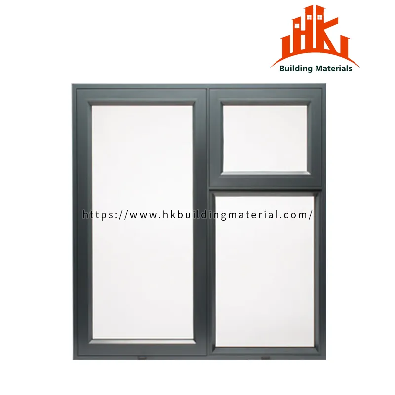 Dark grey sliding window with two unequal glass panels on a white background