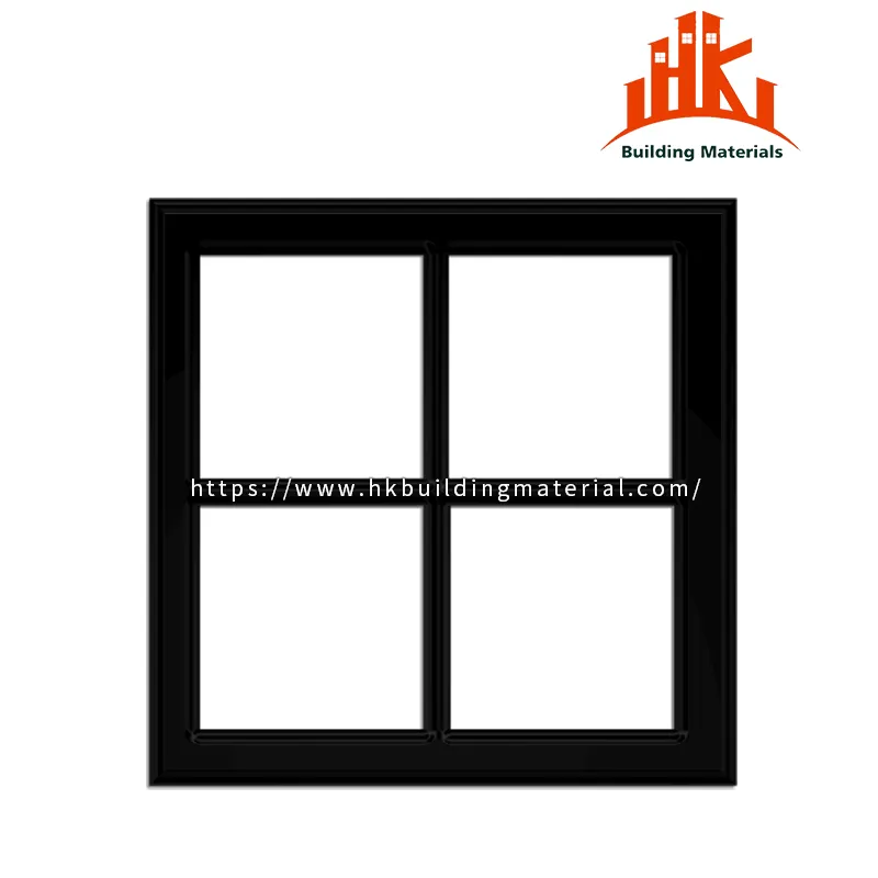 Black window frame with a central vertical mullion and horizontal transom.