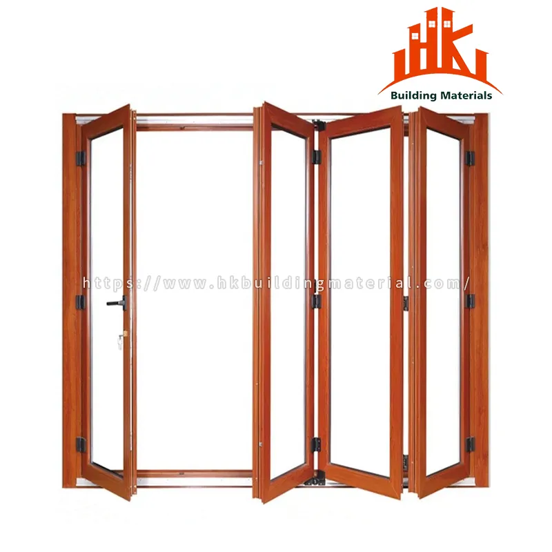 Open wooden folding doors showing glass panels and metal hinges.