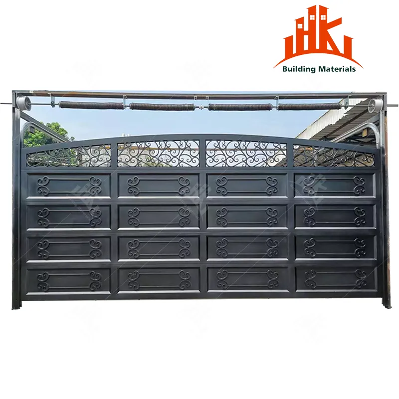 A black metal gate with an arched top and decorative panels.