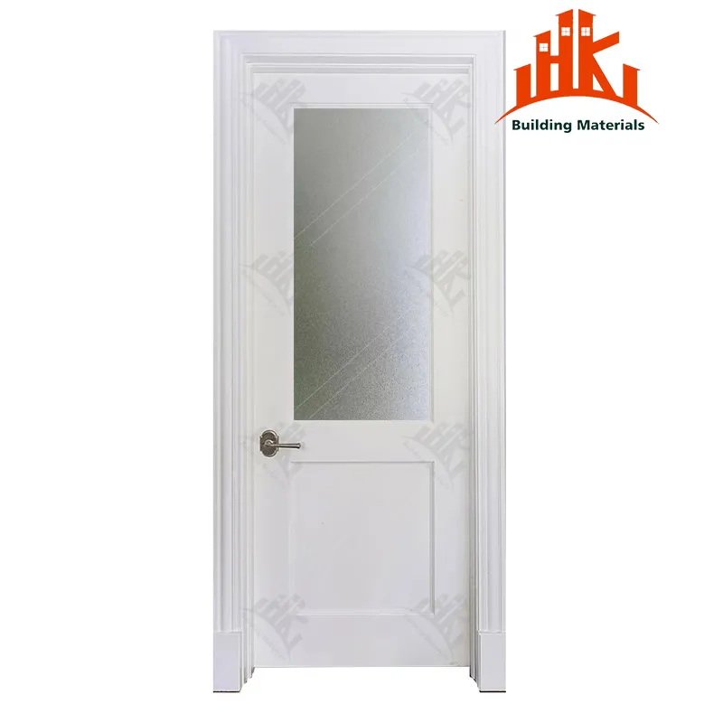 A white interior door with a large frosted glass panel and a silver handle.