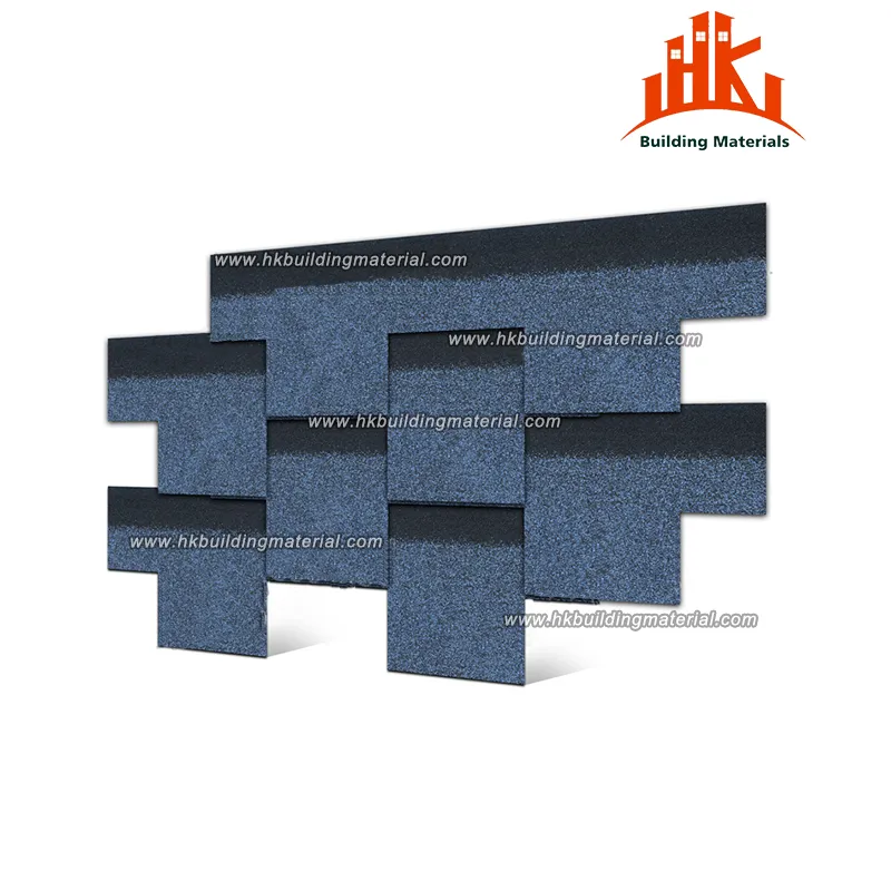 Several blue asphalt roof shingles arranged on a white background