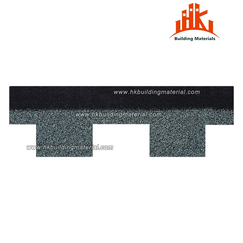 Close-up of a dark asphalt shingle with a cut-out profile against a white background.