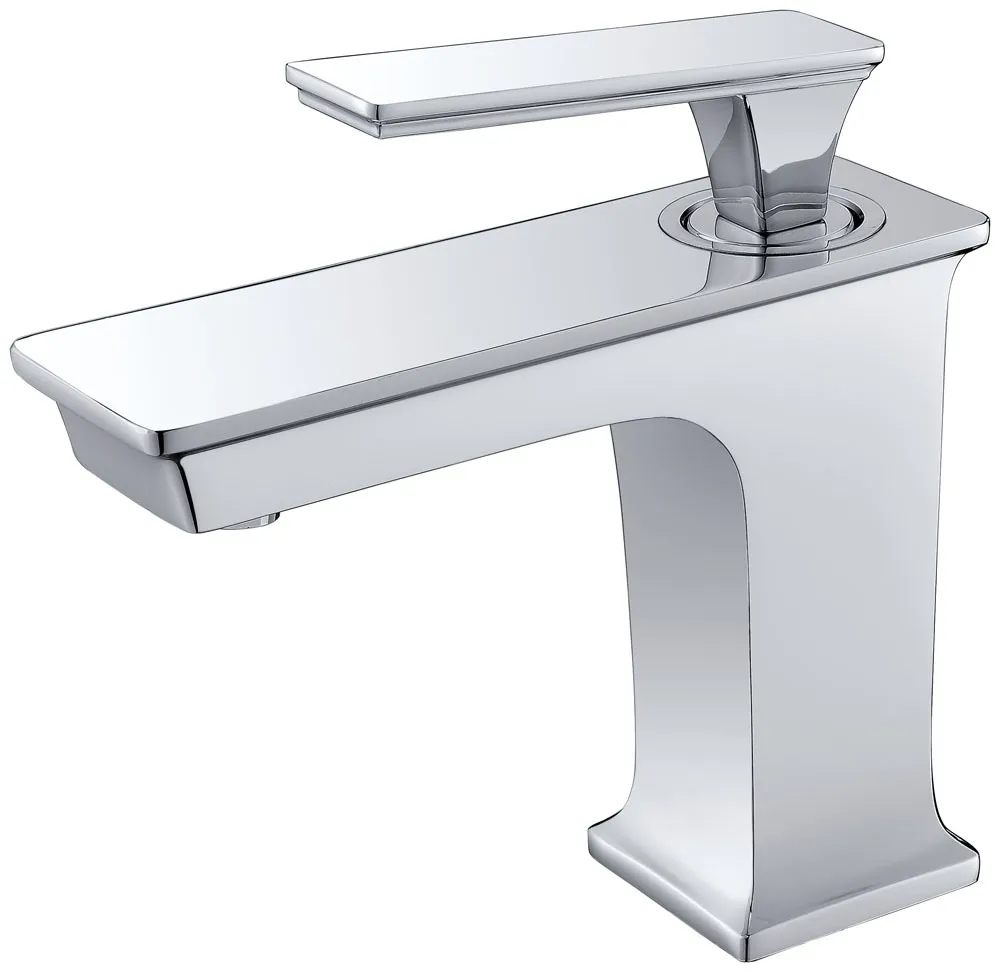 Modern chrome single-lever basin faucet with rectangular spout and handle.