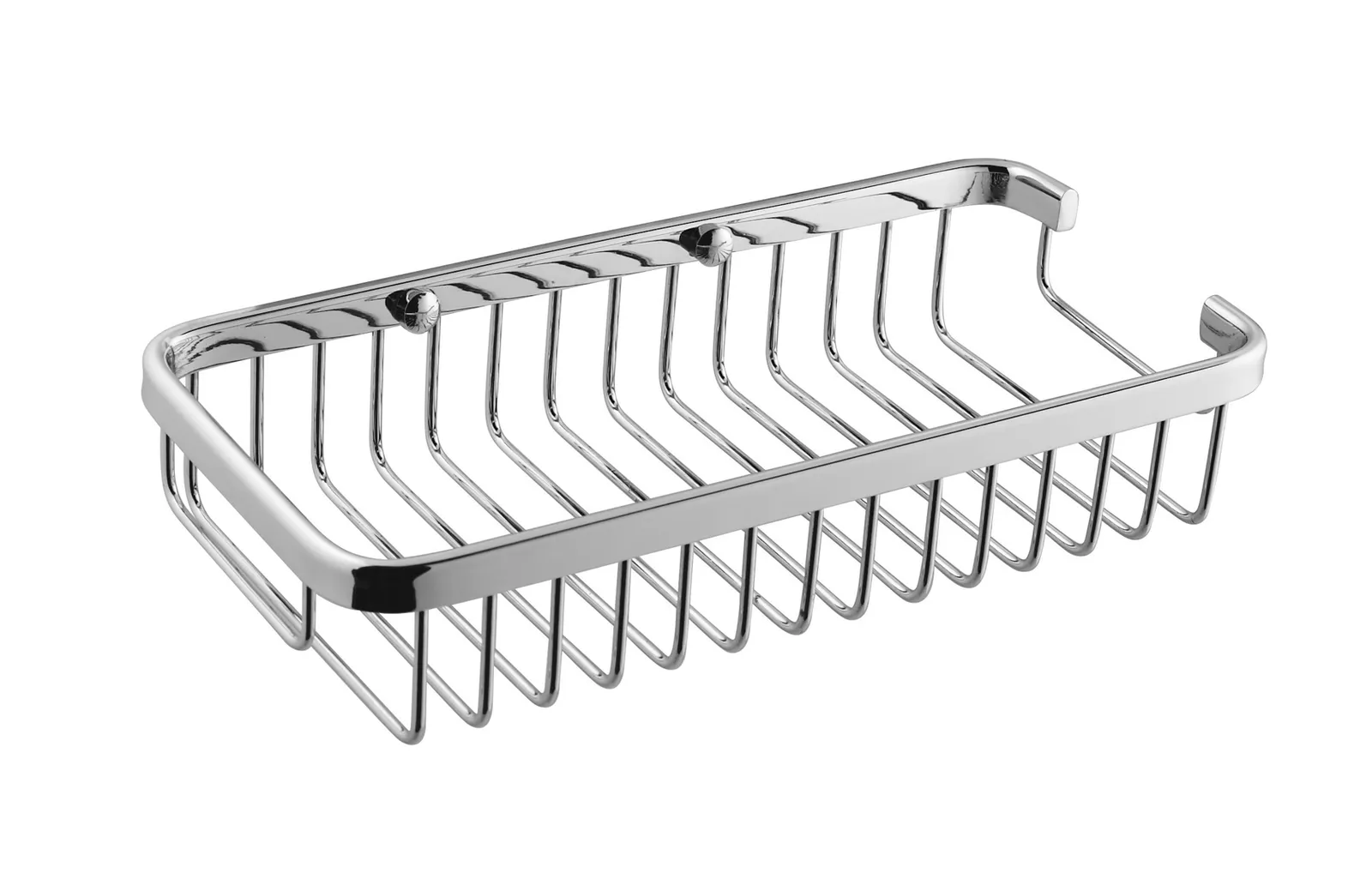 Rectangular chrome wire bathroom basket with side rails on white background