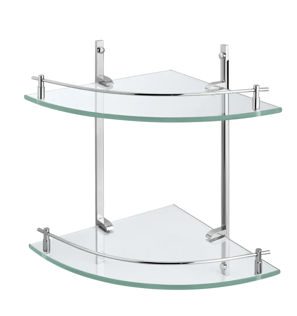 Two-tier chrome and glass corner shower shelf with curved front edges