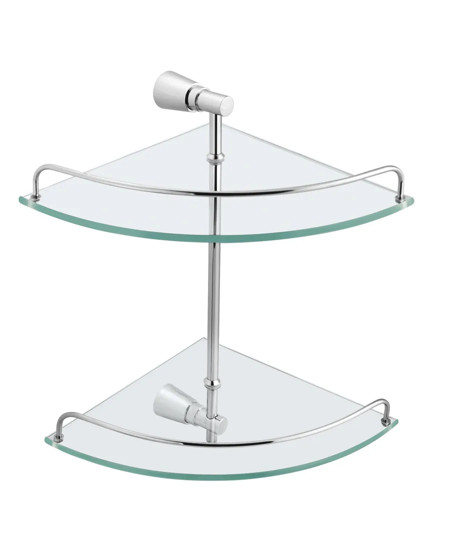 Two-tier corner glass shower shelf with chrome rails and mounting hardware