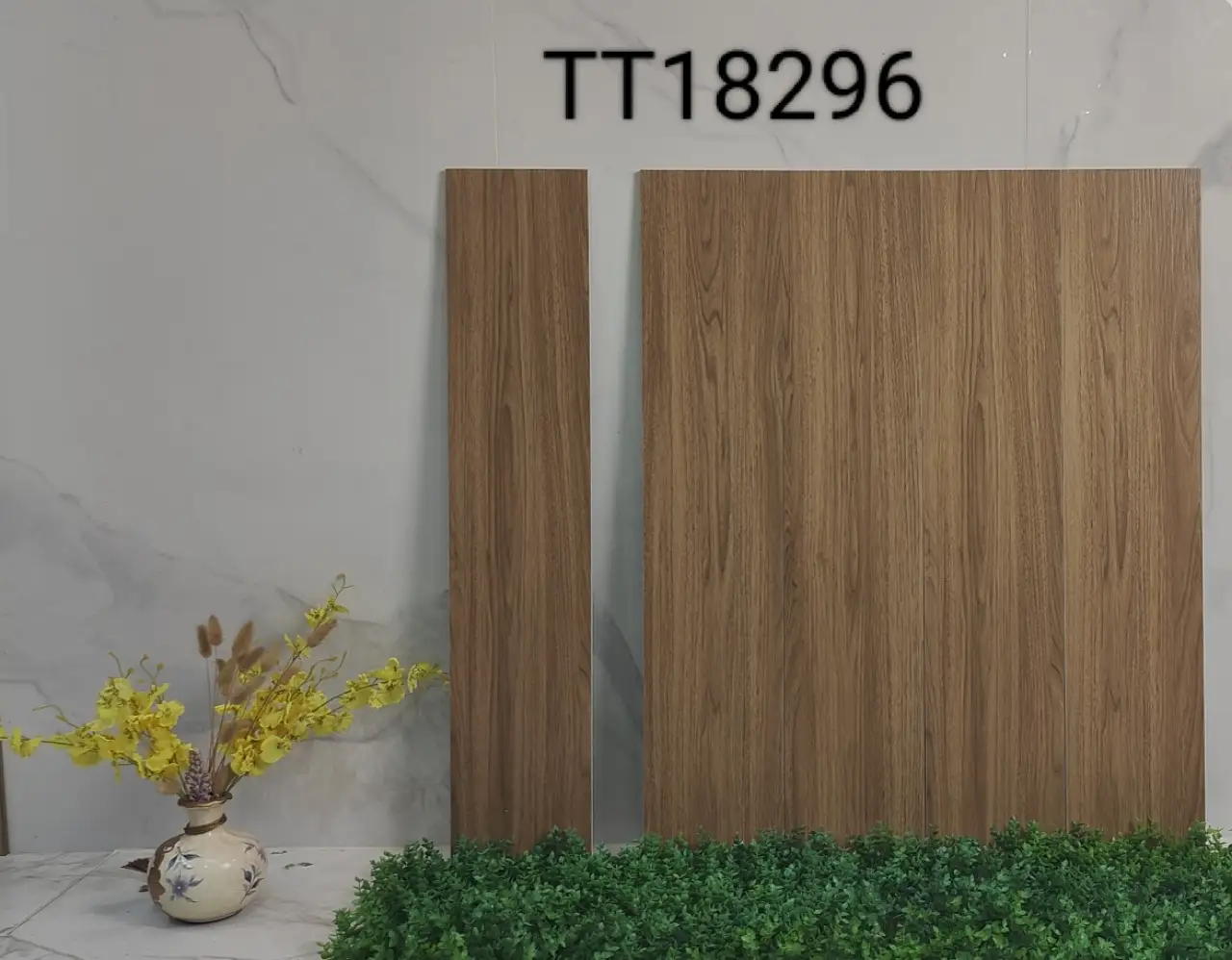 TT18296 wood look tile sample shown as a vertical strip and a square panel