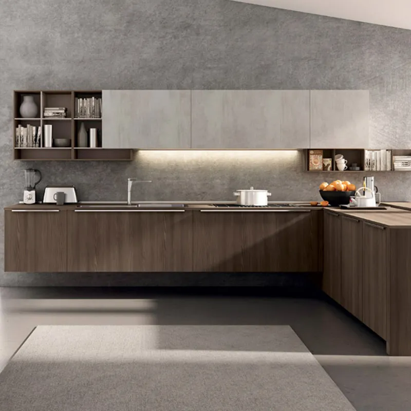Modern minimalist kitchen with floating dark wood cabinets, gray concrete walls, and a large rug.