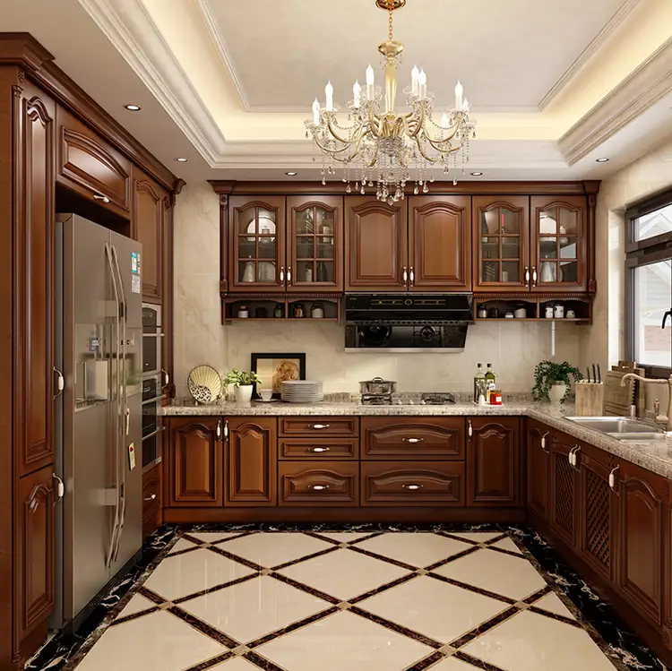 Traditional kitchen with dark wood cabinets, granite countertops, and a crystal chandelier.