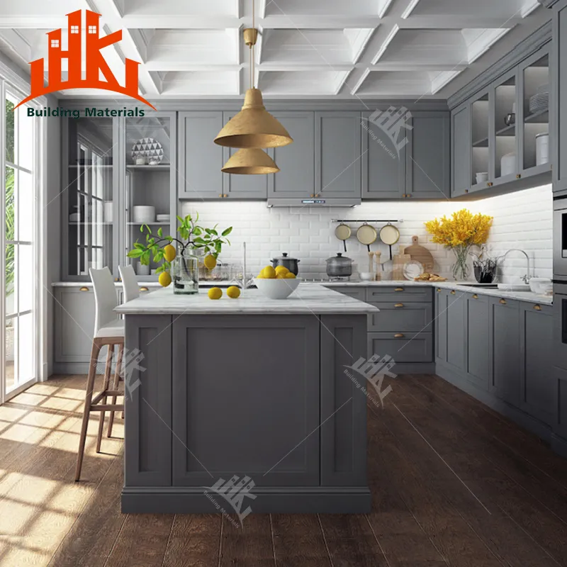 Modern kitchen with grey cabinets, marble island, and white coffered ceiling.