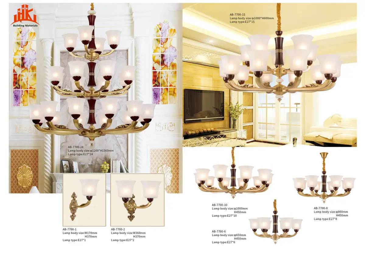 Catalogue page displaying various chandeliers and wall sconces with dimensions.
