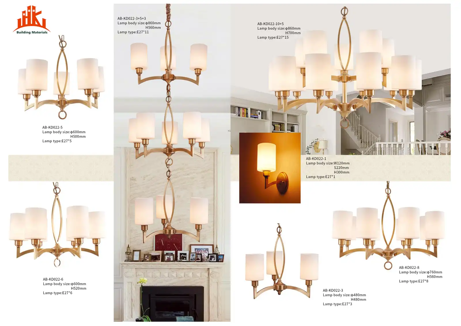 Catalogue page showing multiple brass chandeliers and a wall sconce with product codes.