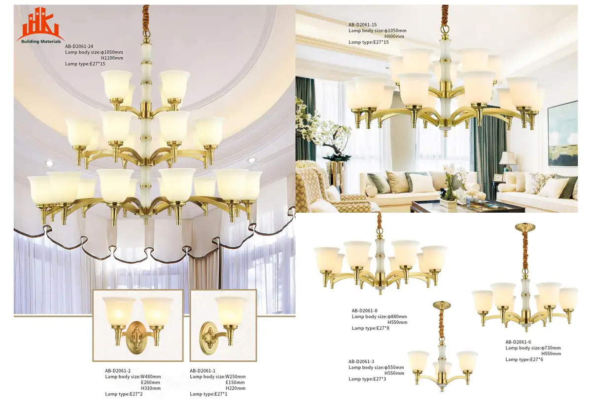 Product catalogue sheet showing a gold and white chandelier with matching wall sconces and other sizes.