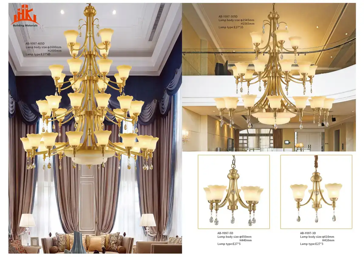 Catalogue page displaying various brass chandeliers and pendant lights