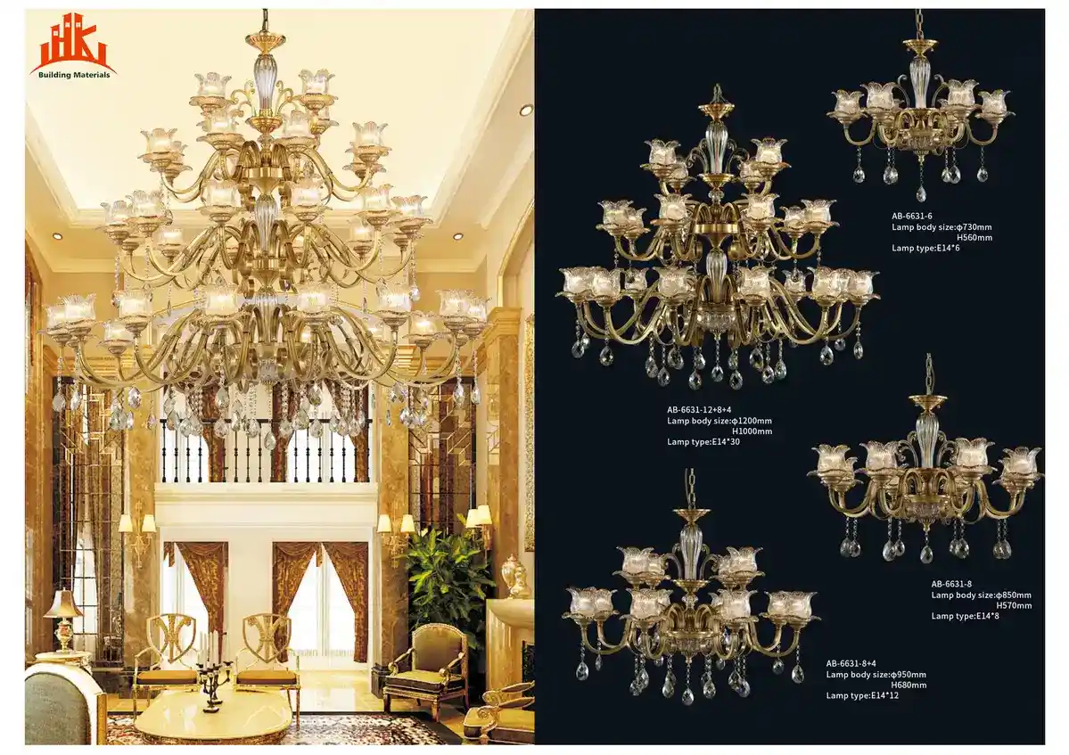Product sheet showing gold chandeliers in a room setting alongside technical specifications and diagrams.