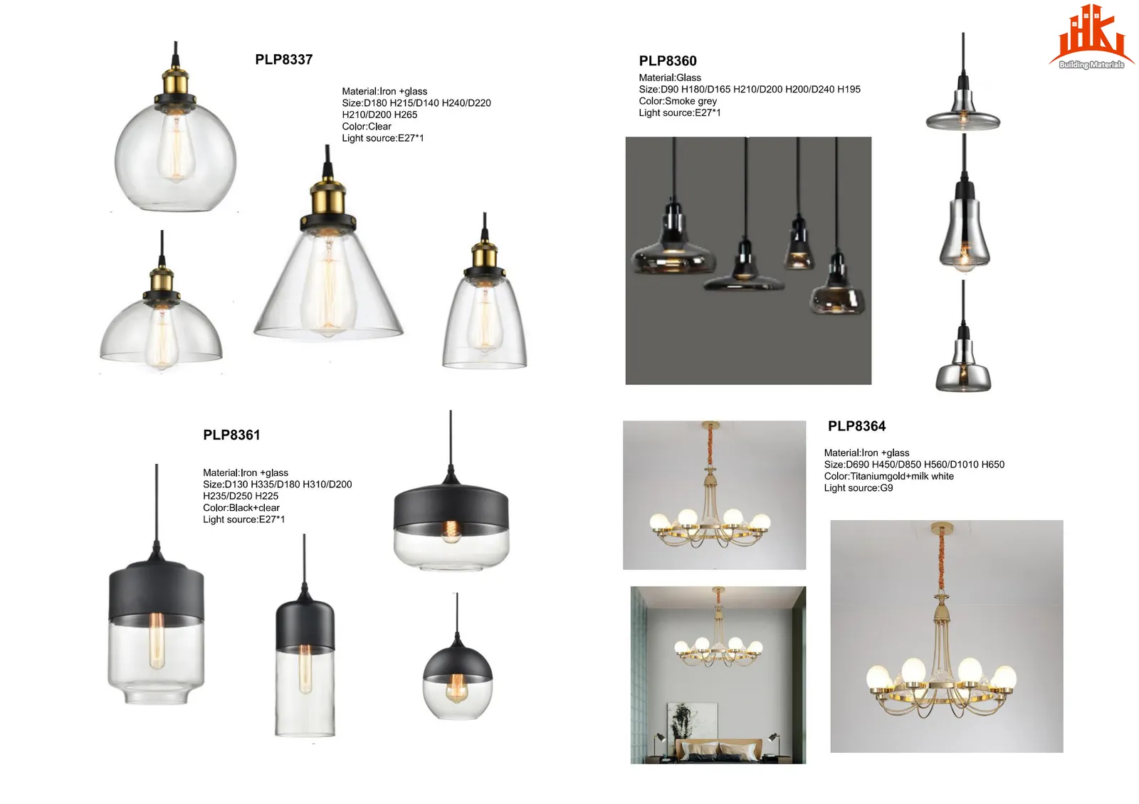 Catalogue page displaying technical specifications and photos for four pendant light models.