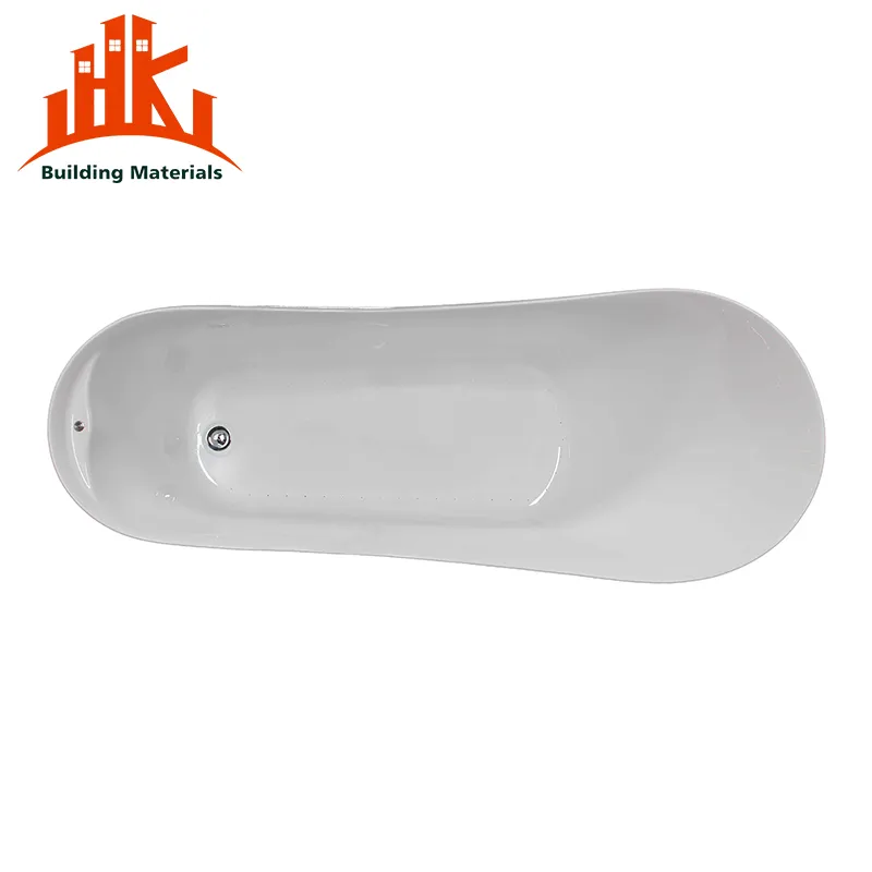Top view of a white freestanding bathtub with a central drain on a plain background.