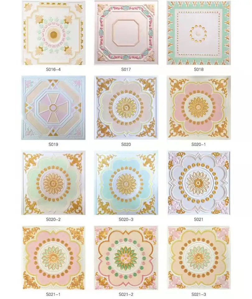 Catalogue sheet showing twelve square decorative PVC ceiling tile designs with model codes.