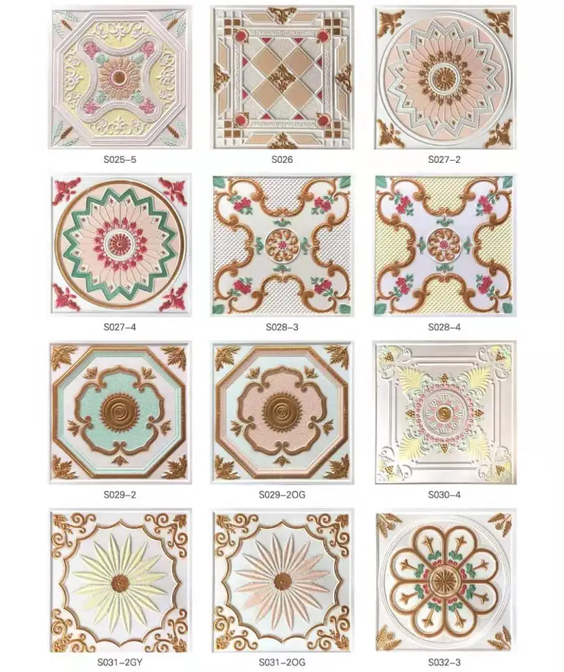 Catalogue grid of twelve decorative 3D embossed ceiling tiles with floral and geometric patterns