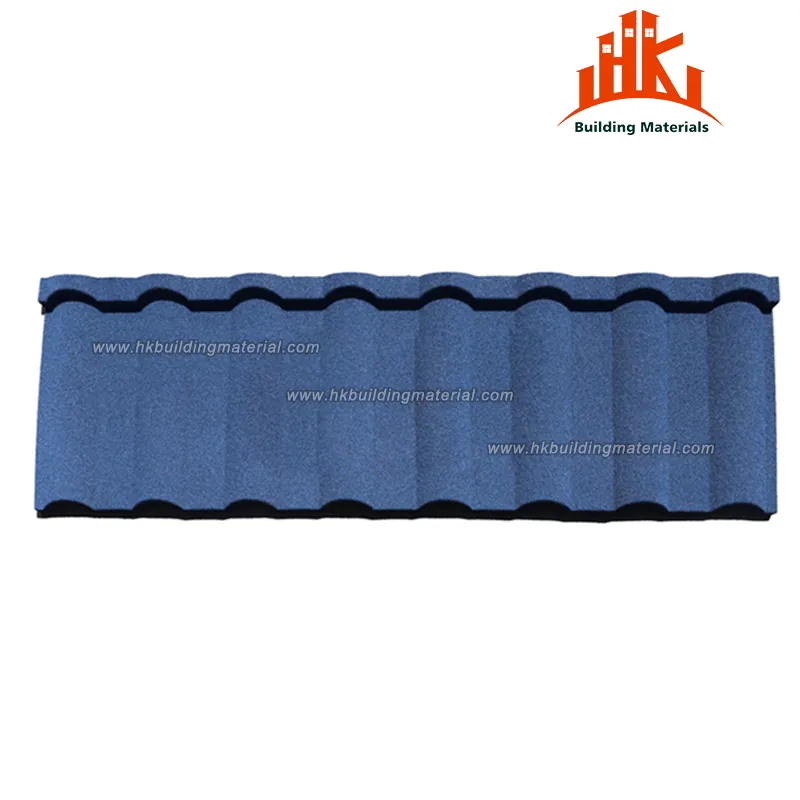 A blue, stone-coated metal roof tile with a wavy, tiled profile.