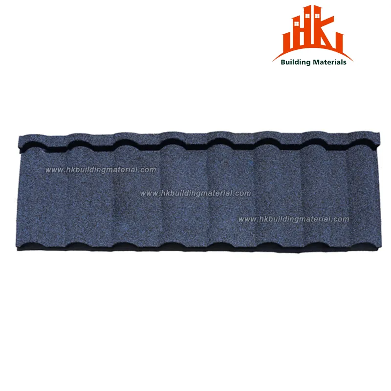 Blue-grey stone-coated metal roof tile with a wavy profile and textured surface