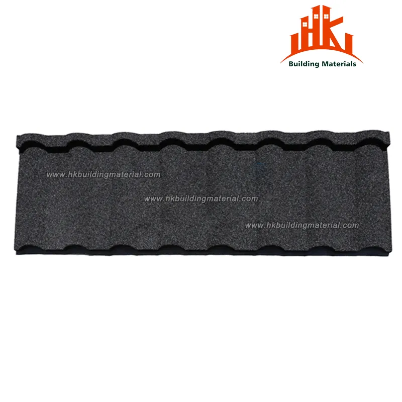 Dark grey stone-coated metal roof tile with a wavy profile against a white background.