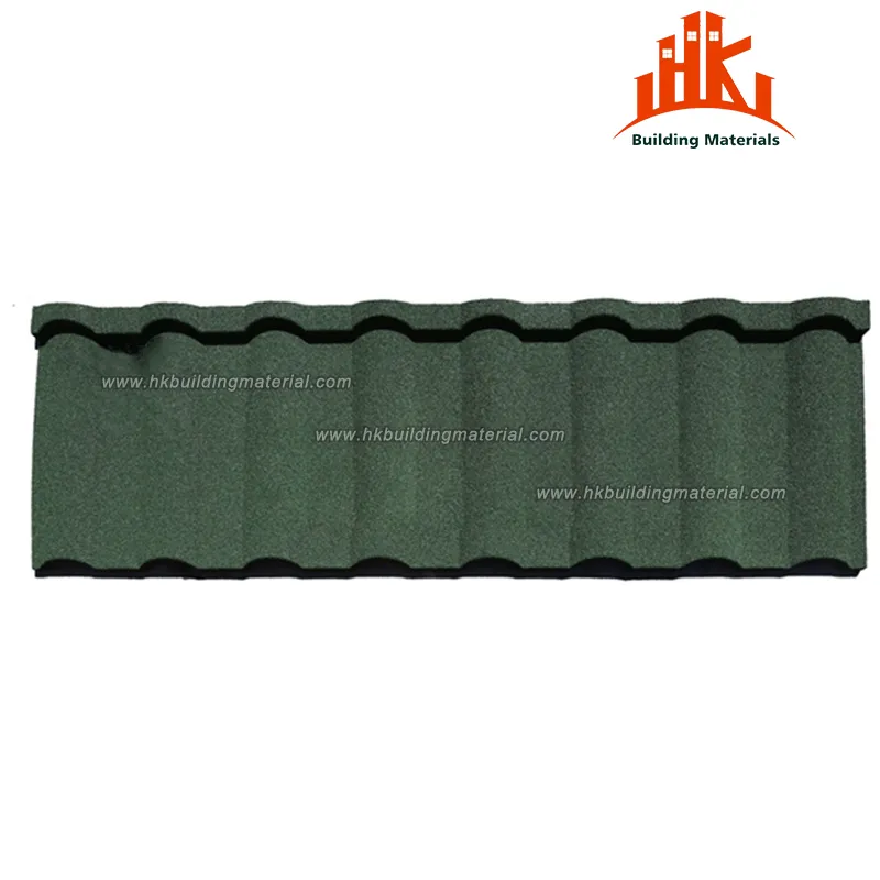 Green stone-coated metal roof tile with a wavy profile and textured surface