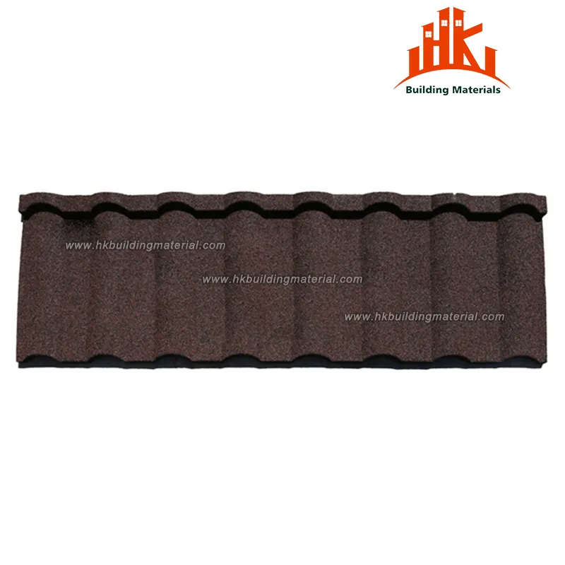 Single brown stone-coated metal roof tile on white background