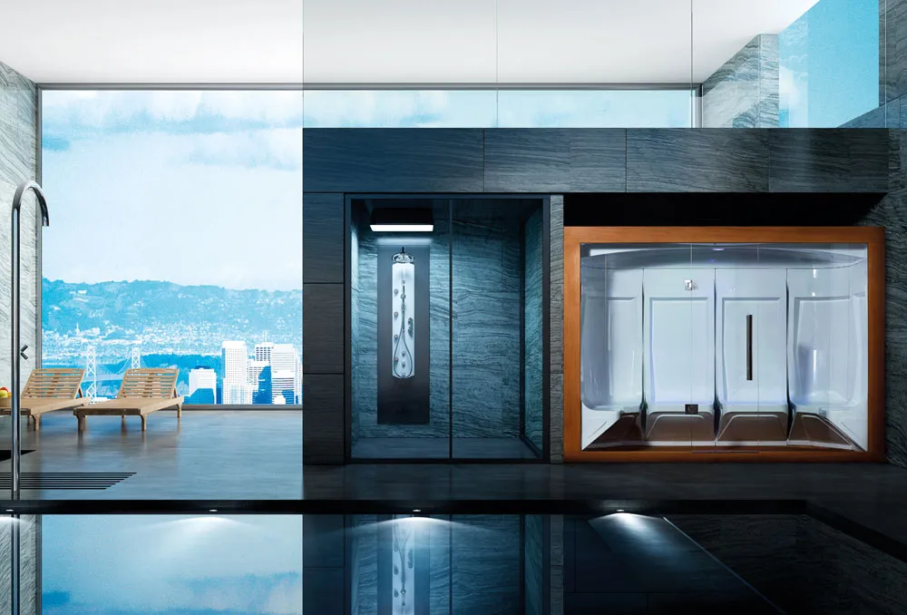 Modern spa interior featuring urinals and a bidet shower next to a pool view