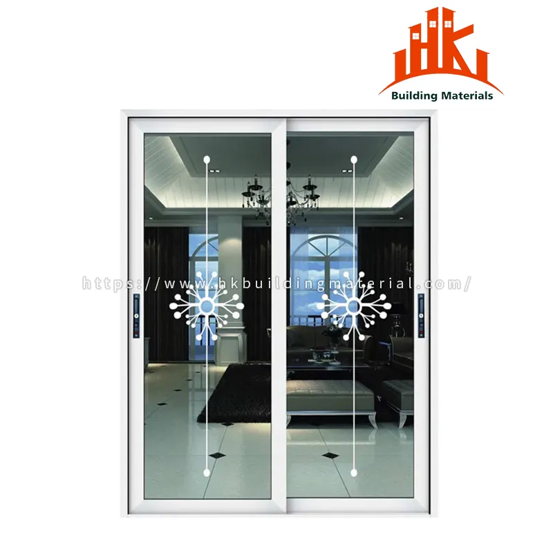 Sliding glass doors with white frames and decorative etched starburst patterns