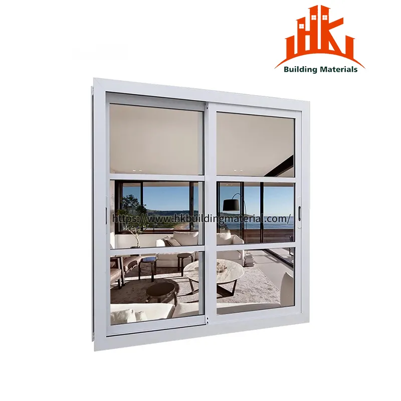 White framed sliding glass window with three horizontal panes
