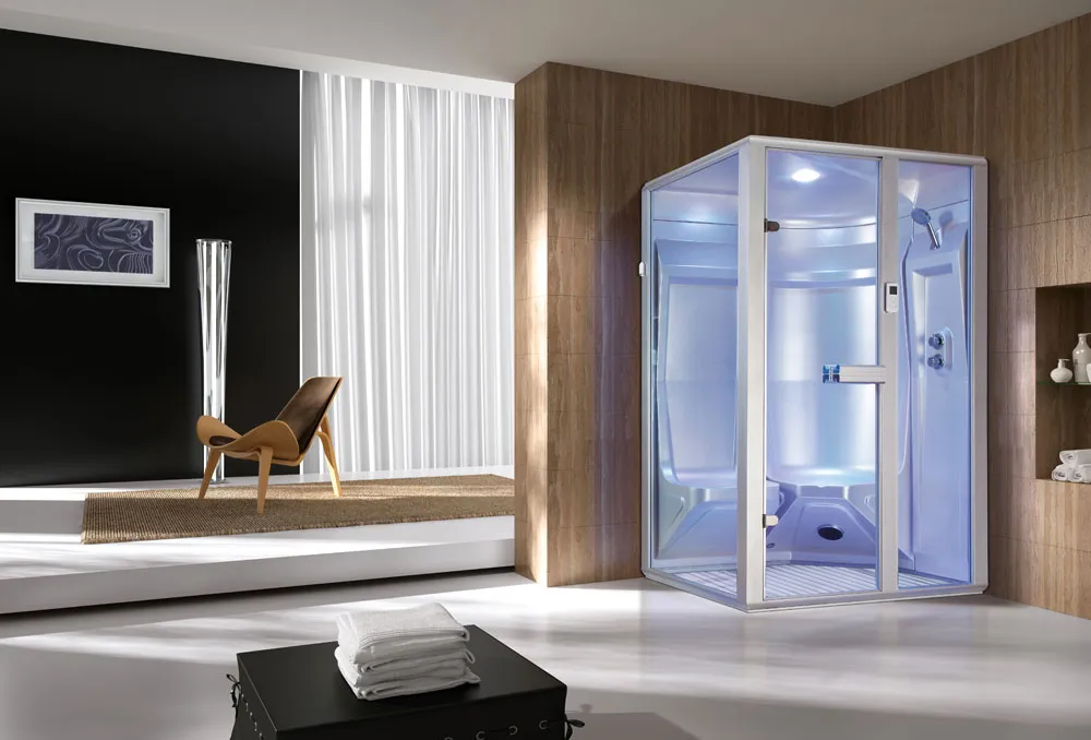 Modern bathroom interior featuring a large white steam shower enclosure with blue lighting