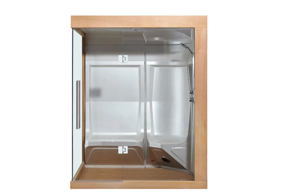 Wood-framed prefabricated shower unit with glass doors and white interior