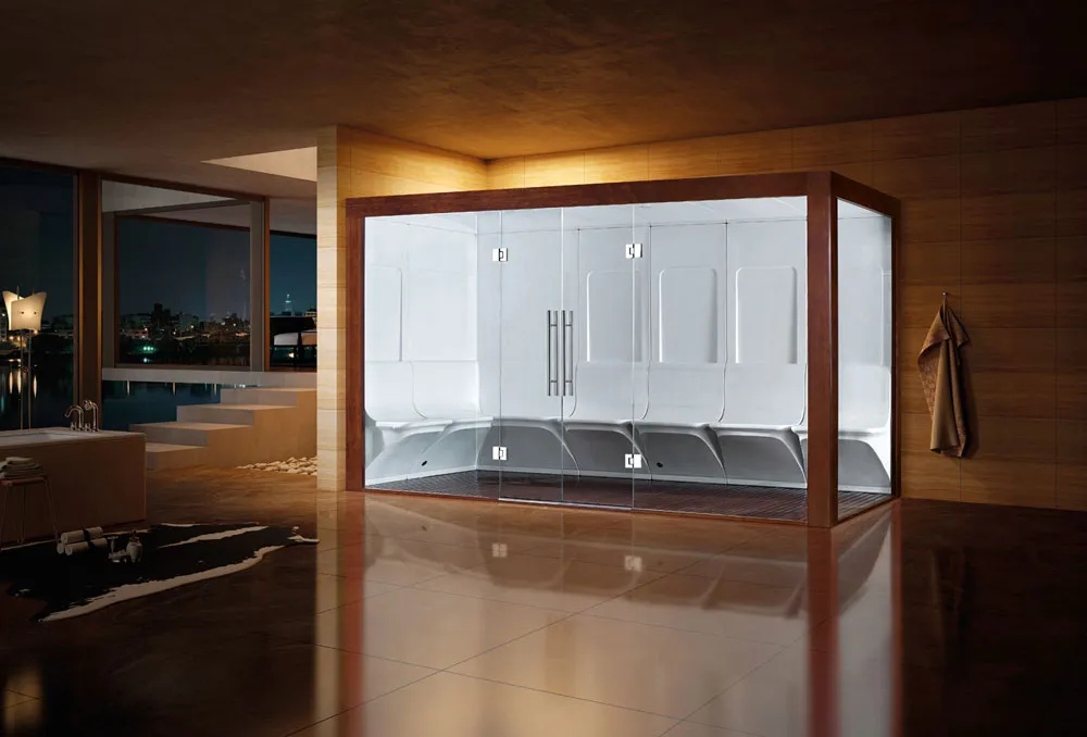 Glass-walled steam shower room built into a timber-lined interior beside a pool