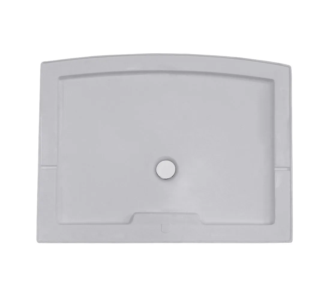 Top-down view of a white, rectangular shower tray with a curved front edge.