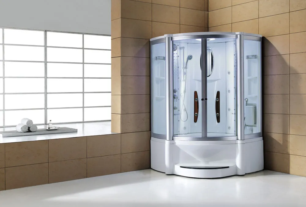Corner shower enclosure with frosted glass and silver frame in a modern bathroom.