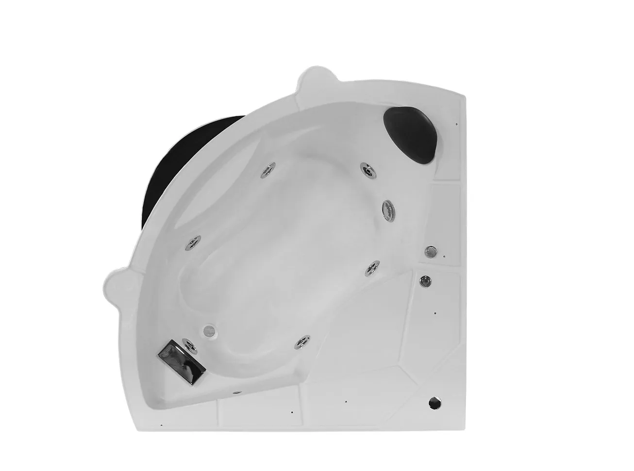 White corner jacuzzi bathtub shell with multiple jets and black headrest