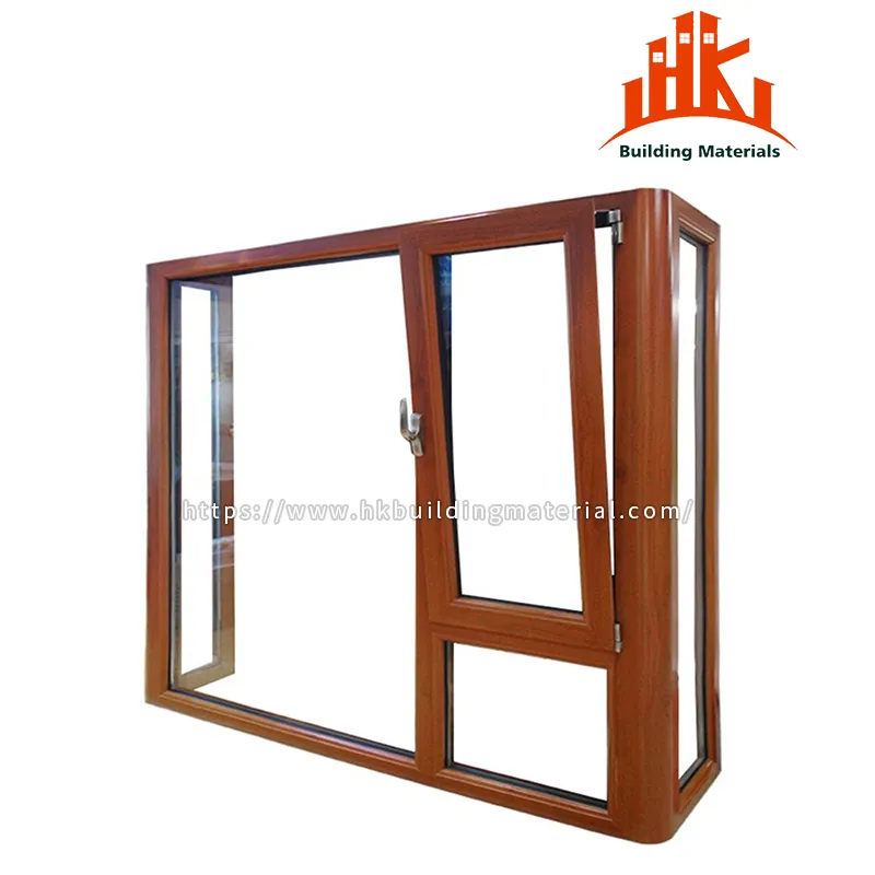 A wood-grain finished casement window unit displayed on a white background.