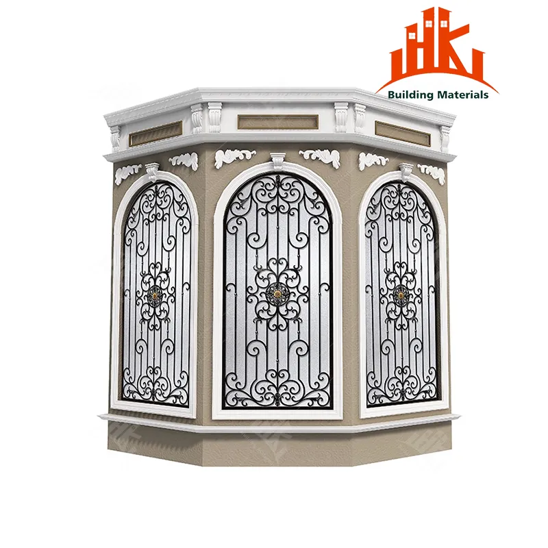 A 3D render of a hexagonal gazebo structure with beige walls and decorative ironwork windows.
